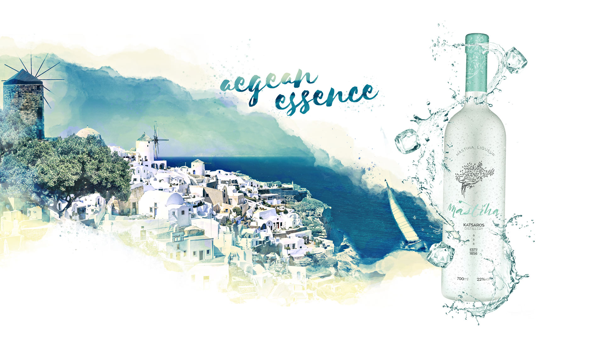 Η φιάλη Μαστίχα Katsaros πλάι σε εικόνα του Αιγαίου, με ανεμόμυλους και ιστιοφόρο