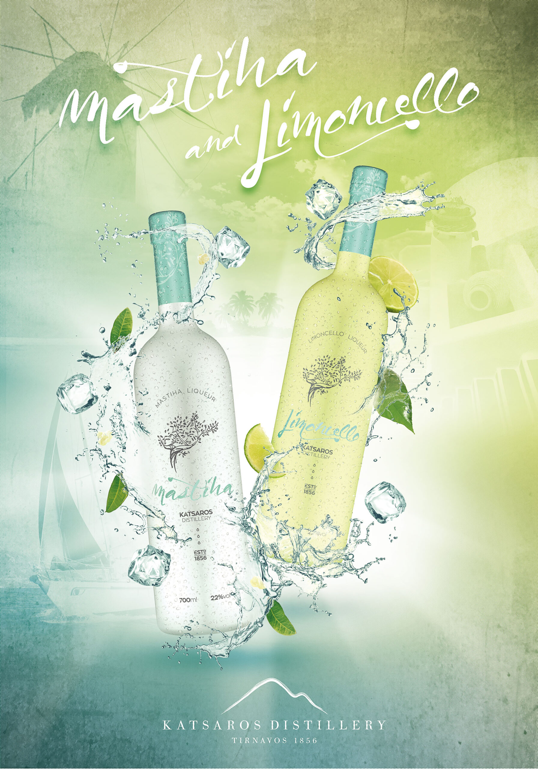 Αφίσα Katsaros Distillery με τα μπουκάλια Μαστίχα και Limoncello πάνω σε φόντο ελληνικού καλοκαιριού