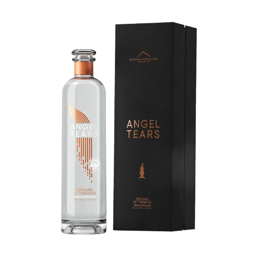 Φιάλη Angel Tears δίπλα στο premium μαύρο κουτί συσκευασίας με χάλκινο λογότυπο