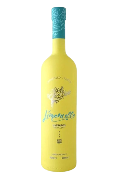 Μπουκάλι Limoncello Katsaros Distillery με ποτήρι Limoncello Spritz και λεμόνια